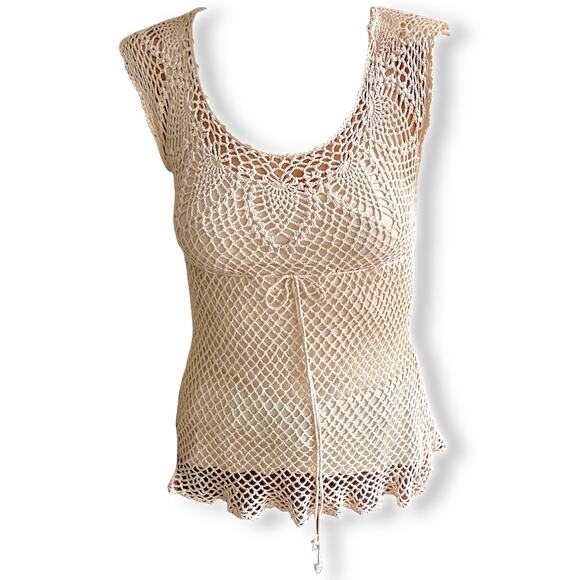 Y2K Crochet Open Weave Tank Top Scalloped Hem Boho Fairycore VTG Festival Chic S - Picture 1 of 14